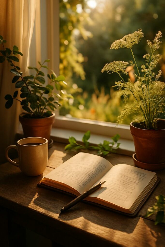 Une livre entouré de pot de fleurs